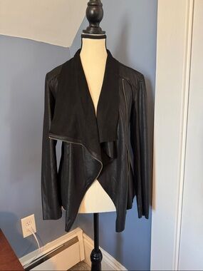 Black Draped Faux-Leather Jacket with Asymmetric Zip